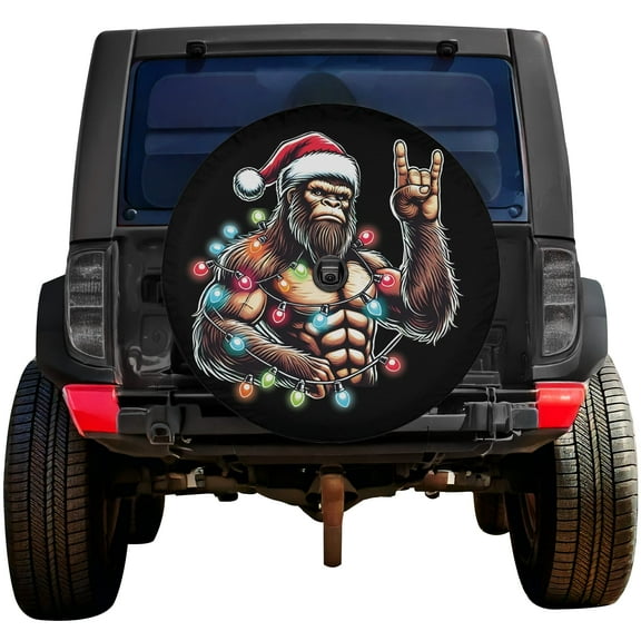 Lotusprinthandmade Funny Bigfoot Christmas Spare Tire Cover With Backup Camera Hole 6 Sizes (27 in.), funny holiday tire cover, bigfoot car accessory