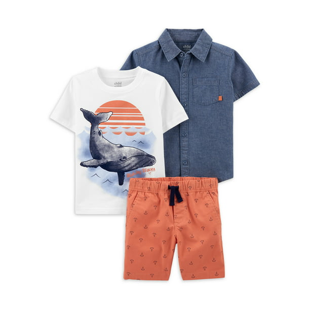 Child of Mine by Carter's Baby and Toddler Boy Button-Up Woven Shirt, T- Shirt and Shorts Outfit Set, 3-Piece, Sizes 12M-5T - Walmart.com