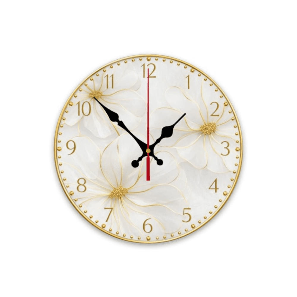Yoofine White Gold Floral Round Wall Clock, Silent Non-Ticking MDF 10 Inch
