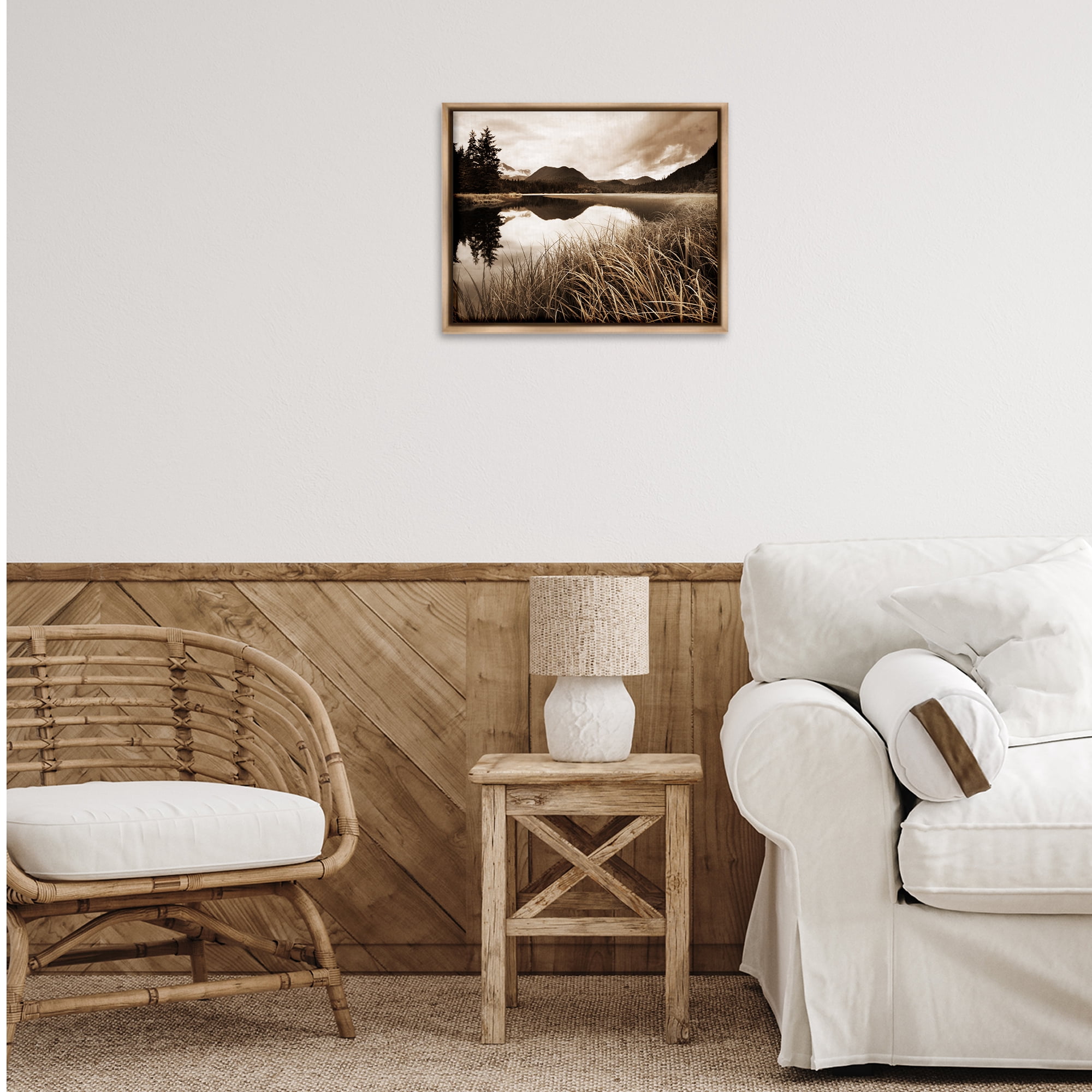 Stupell Industries Sepia Lake Reflection Landscape Photography Brown Floater Framed Art Print Wall Art, 21 x 17
