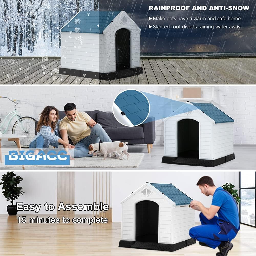 XF XINFENG Large Dog House Plastic Indoor Outdoor Waterproof Dog Kennel with Air Vents Elevated Floor( Blue, 41''L*37.4''W*39''H)