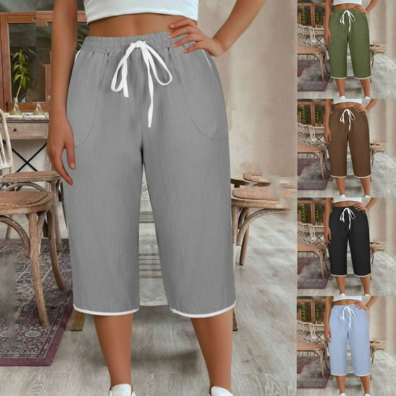 Inverlee Women's Cotton Linen Plus Size Drawstring Capri Pants Dressy Casual Baggy High Waist Bottoms Elastic Waist Straight Leg Trousers with Pockets