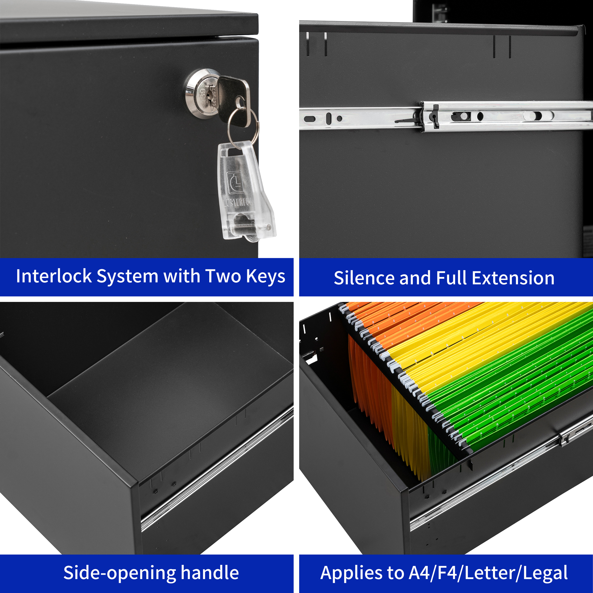 2 Drawer Mobile File Cabinet with Lock Steel File Cabinet for Legal/Letter/A4/F4 Size, Fully Assembled except for Wheels