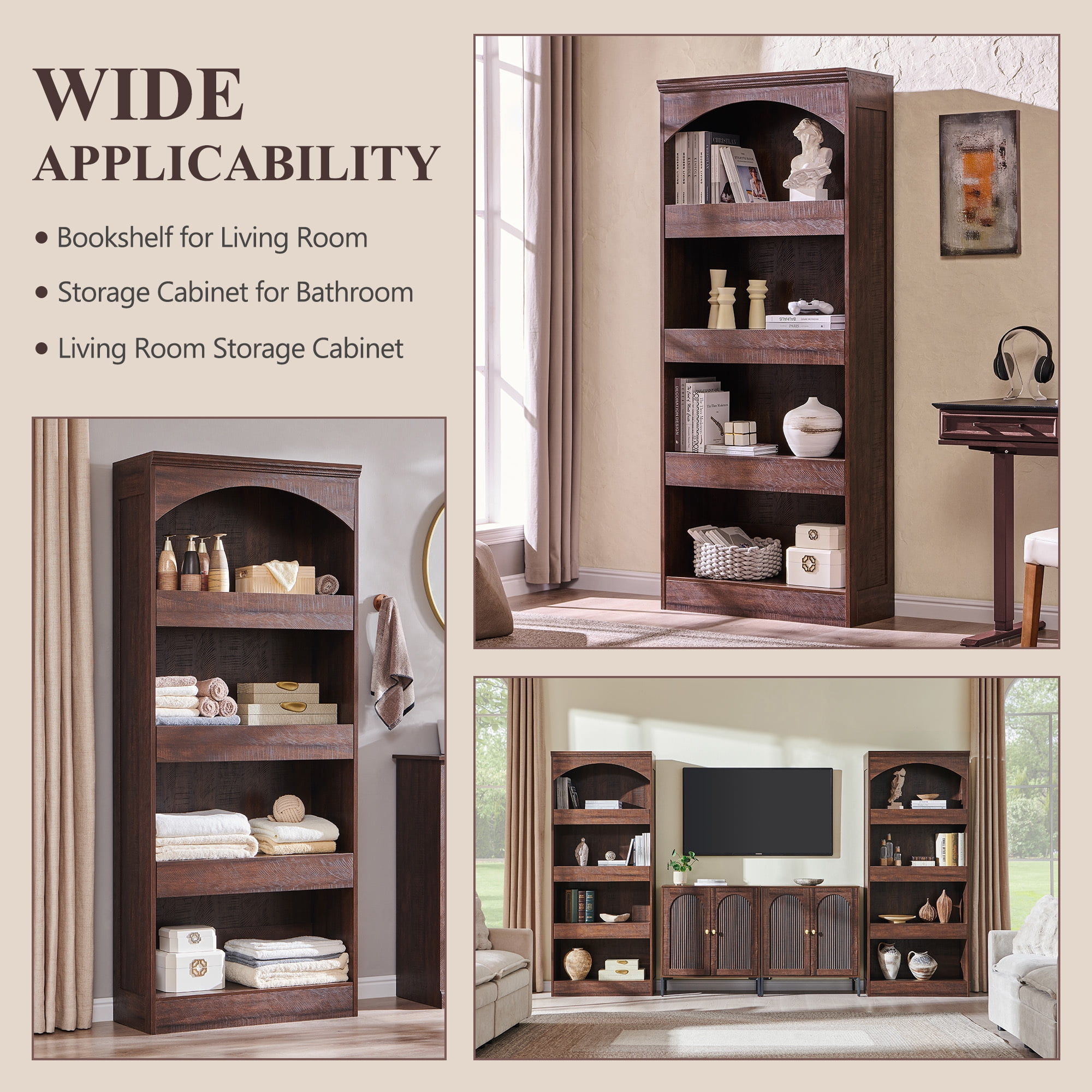 SinCiDo 76" Tall Arched Bookcase w/Hidden Magnetic Lock Drawer at the Bottom, 4-Tier Large Open Bookshelf w/3 Pull-Out Drawers for Living Room, Office