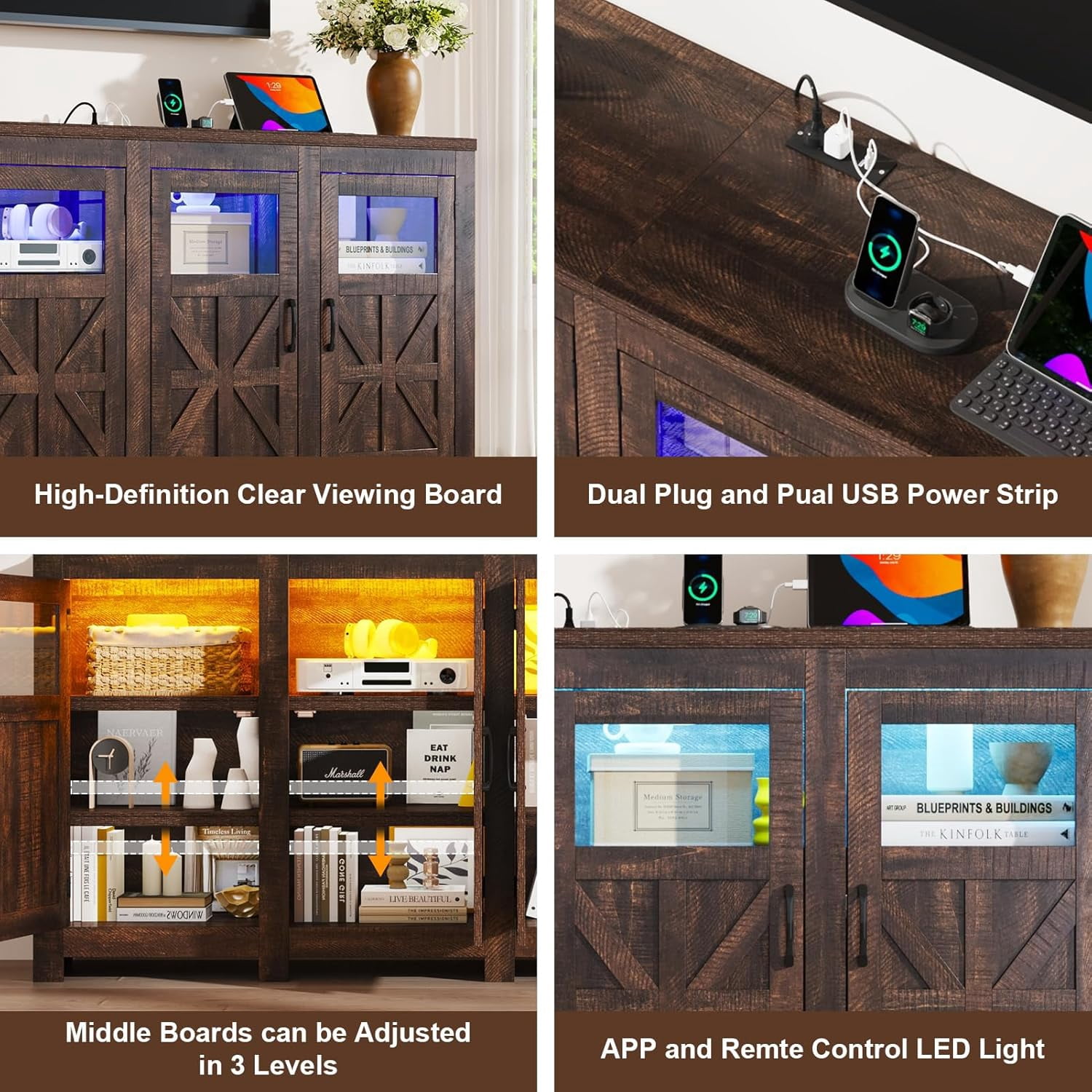 ChVans LED Farmhouse TV stand for up to 85" TVs with Power Outlet, 74" Large Entertainment Center Console Table, 33.5" Tall Rustic Media Console w/Storage Shelves for Living Room