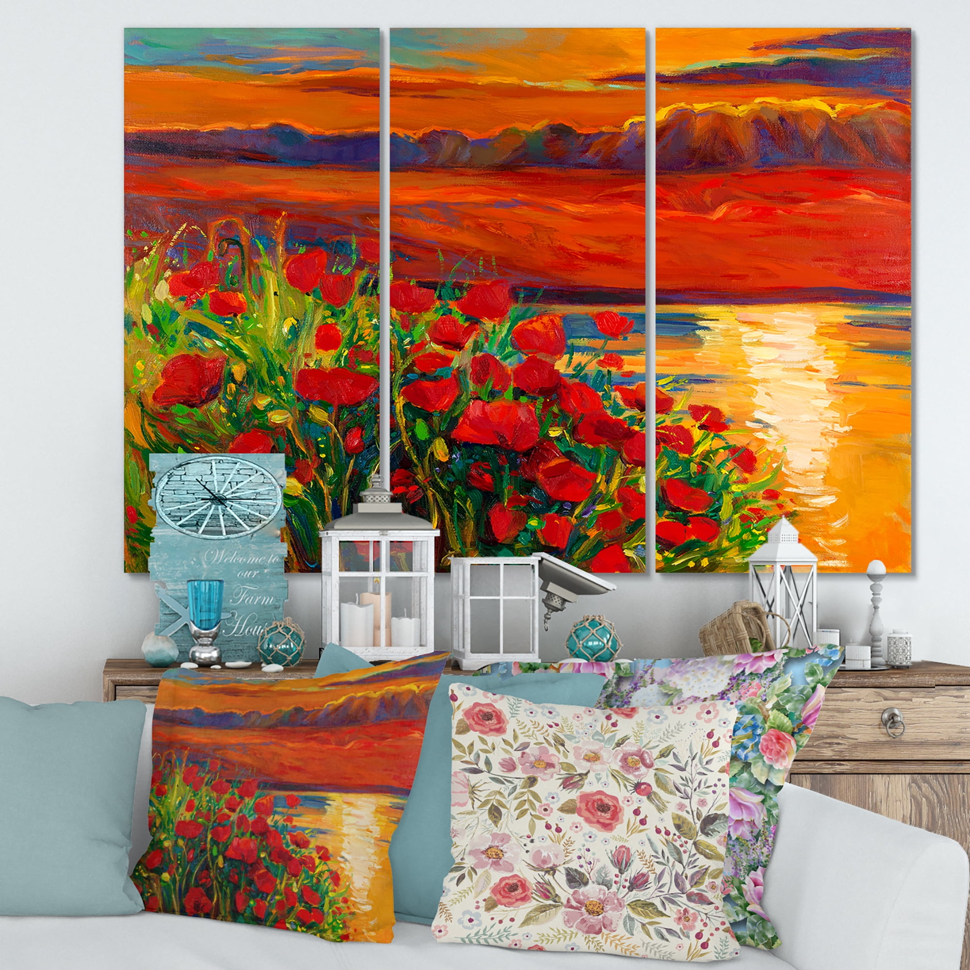 Designart ' Red Poppies By The Ocean During Evening Glow ' Nautical & Coastal Canvas Wall Art Print