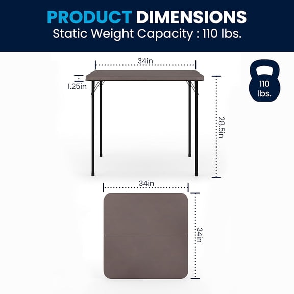 Dunham 2.83' Square Plastic Folding Event Table with Carrying Handle, Bi-Fold Banquet Table for Indoor/Outdoor Events, Dark Gray