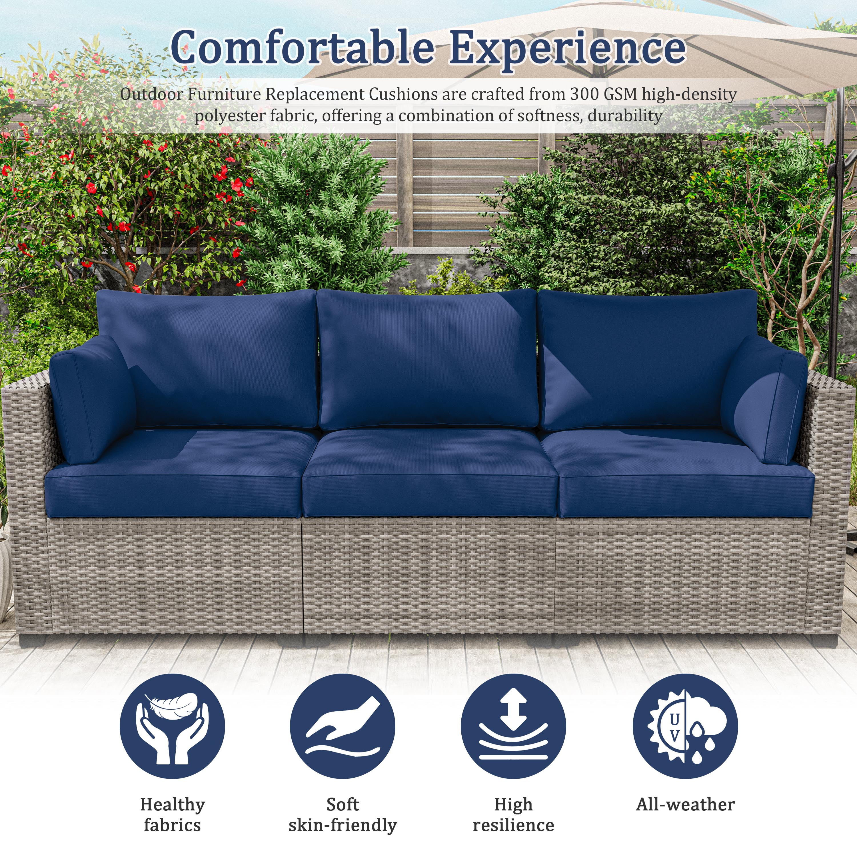Snubbull 8-Piece Patio Furniture Cushions, Replacement Outdoor Cushions for 3-Seat Sectional Sofa, Waterproof & Zipped, 25.6"*23.6"*4", Blue