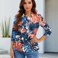 thumbnail image 6 of Women's 3/4 Sleeve Button Up Shirt with Lapel Collar and Floral Print, Casual Fashion Top for Daily Wear, Lightweight Summer Blouse Dark Blue 2XL, 6 of 7