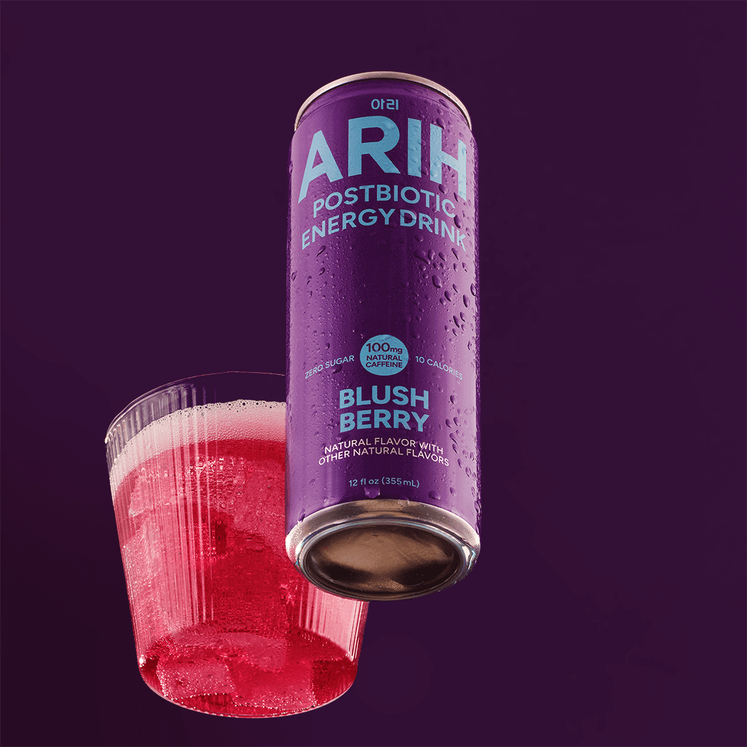 ARIH Postbiotic Energy Drink, Zero Sugar Clean Energy Drink with 100mg Natural Caffeine, Blush Berry, 12 fl oz, 4 Pack