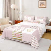 Feelyou Romantic Anniversary Twin Sheet Sets, Princess Pink Patchwork Twin Fitted Sheet, Kawaii Love Heart Flat Sheet, Lightweight Room Decor, 3 Pieces