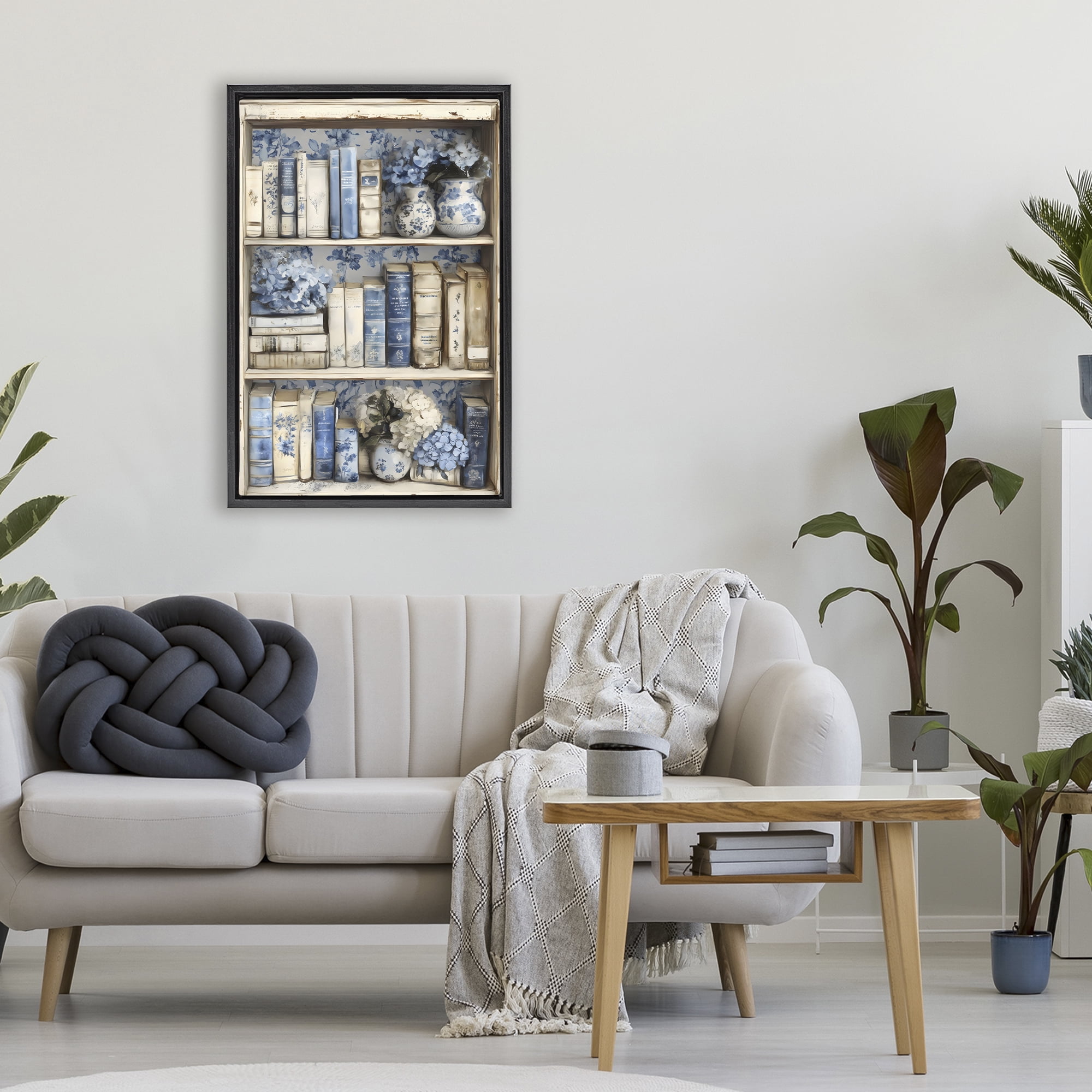 Stupell Industries Blue & Beige Bookcase Black Framed Floater Canvas Wall Art, design by LSR Design Studio