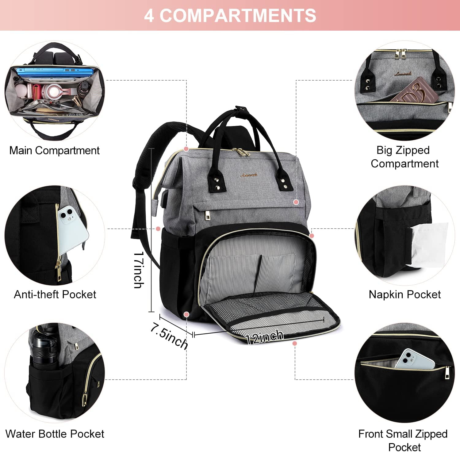 Lovevook Laptop Backpack for Women,17.3" Business Computer Bag Teacher Nurse Backpack Purse with Anti-Thief Pocket, Larger Waterproof Travel Bag College Backpack with USB Charging Port