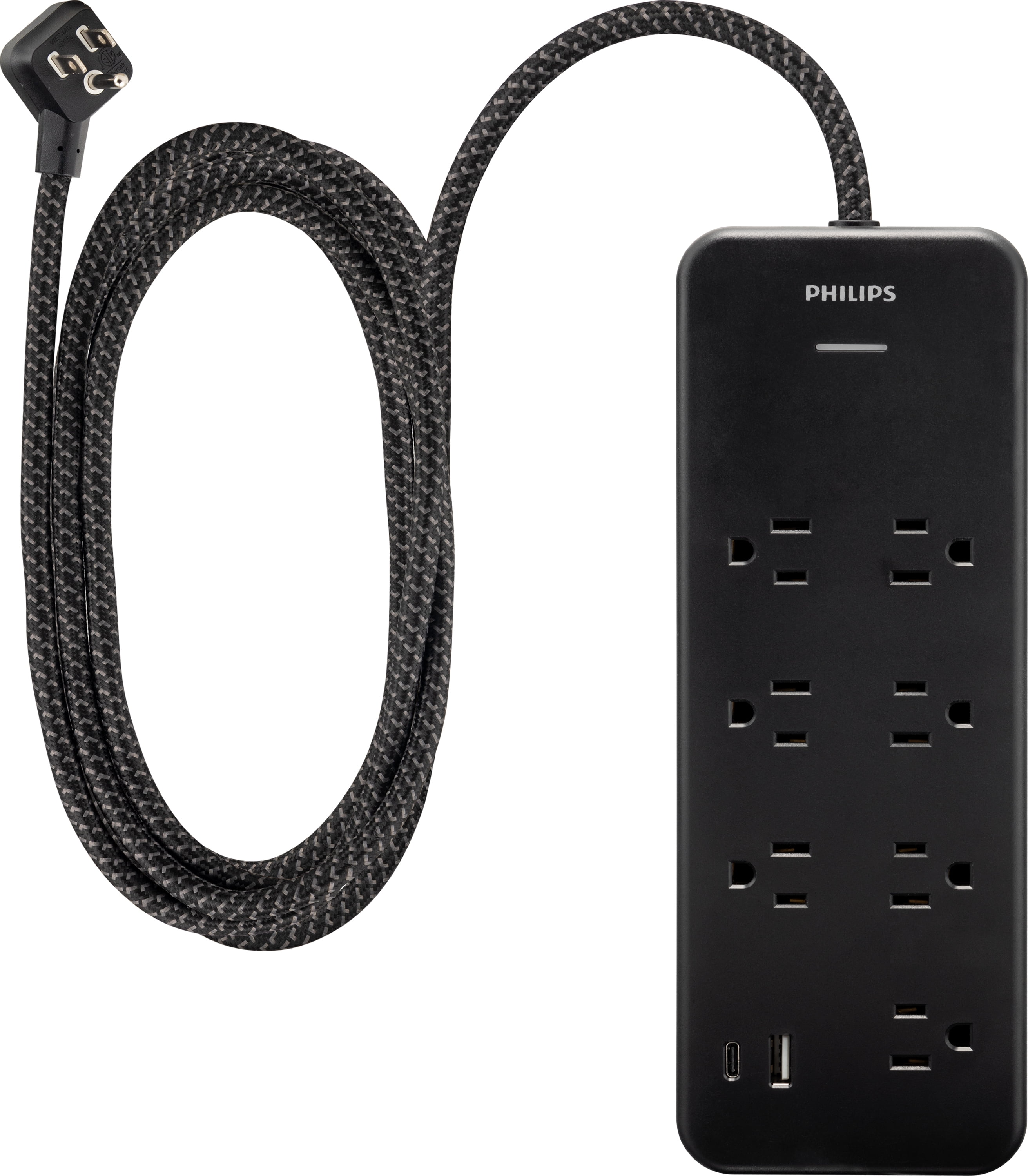 Philips 6-ft 7-Outlet Surge Protector, 7 Outlet, 1 USB-A, 1 USB-C, 15W, 1500J, Braided Cord, Black