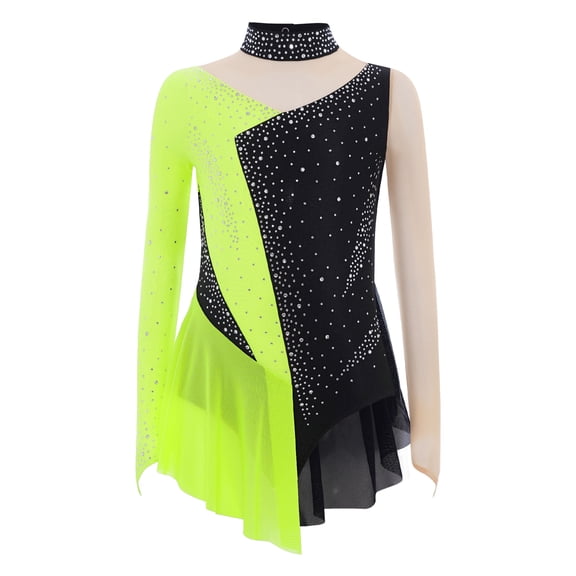 Doomiva Kids Girls Shiny Rhinestone Figure Ice Skating Dress Long Sleeve Mesh Spliced Gymnastics Ballet Leotard Fluorescent Yellow 16