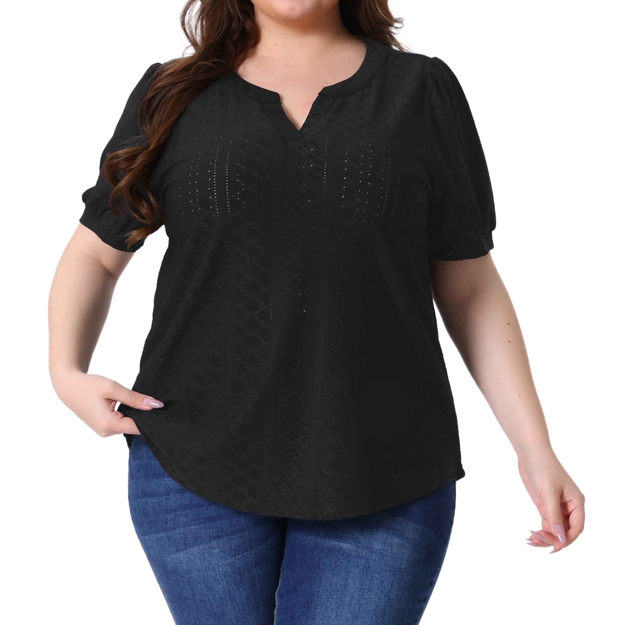 DARING DIVA Women's Plus Tops Hollow Casual V Neck  Summer Blouse Shirts 5X Black