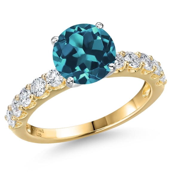 Gem Stone King 14K Two Tone Gold London Blue Topaz and Lab Grown Diamond Engagement Ring for Women | 3.15 Cttw | Round 8MM | Gemstone November Birthstone | Size 9