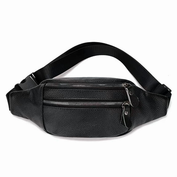 Genuine Leather Fanny Pack, Outdoor Travel Waist Pack, Cowhide Leather Waist Bag with Adjustable Strap, Suitable for Outdoor Hiking, Travelling, Cycling, Running - Black