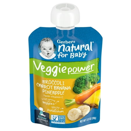 Gerber 2nd Foods Natural for Baby Veggie Power Baby Food, Broccoli Carrot Banana Pineapple, 3.5 oz Pouch (12 Pack)
