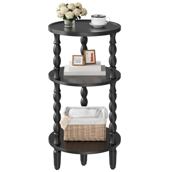 HOOBRO 3-Tier Round End Table with Rubberwood Legs, Black