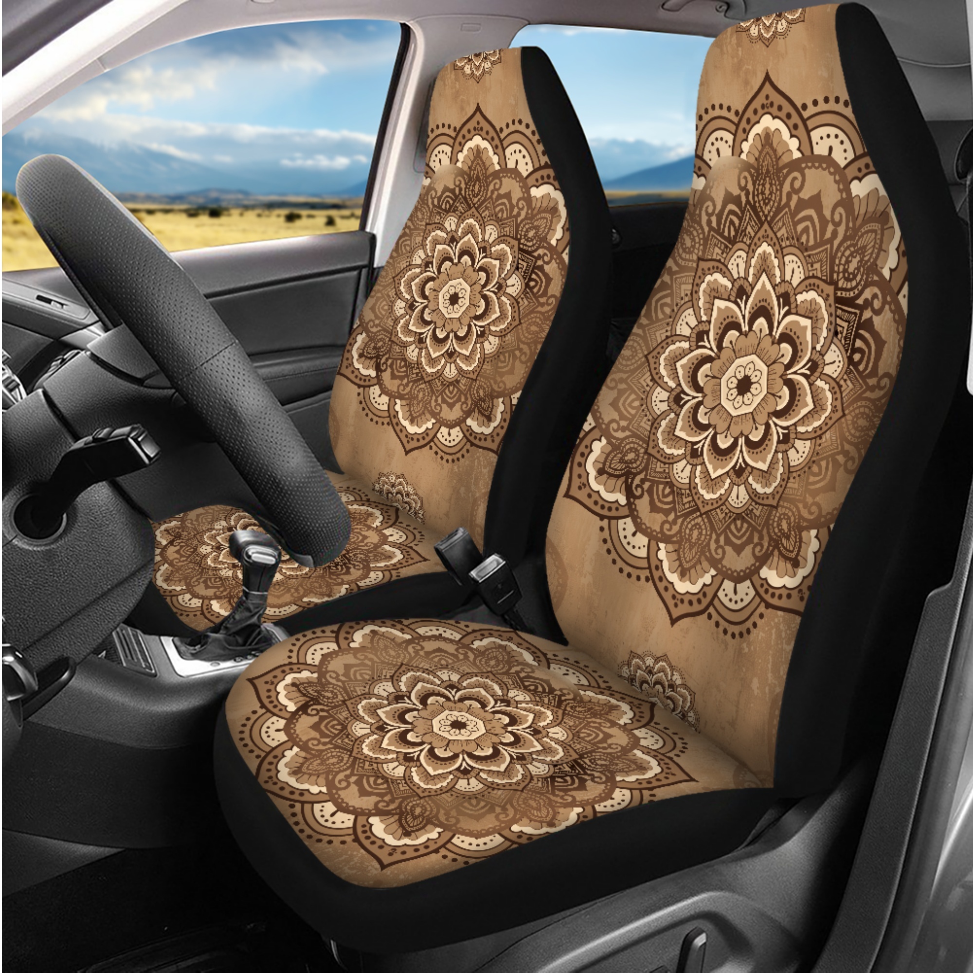 Jeiento Vintage Boho Mandala Front Back Seat Cover Set of 14 Steering Wheel Cover Seat Belt Pad Armrest Cover Pad Head Rest Covers Coasters Keychain Fit for SUV Van Truck Sedan