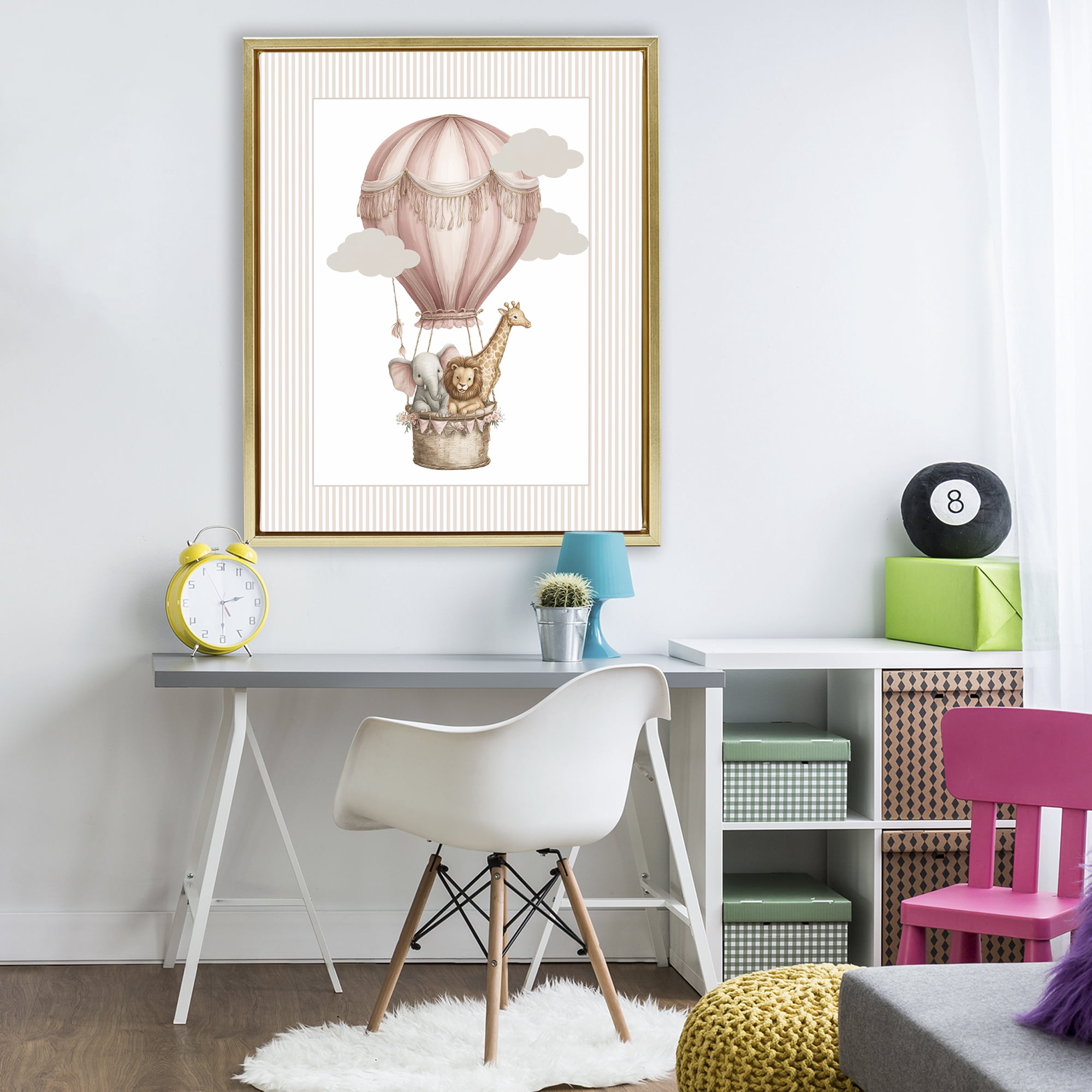 Stupell Industries Hot Air Balloon Animals Pink Gold Framed Floater Canvas Wall Art, design by Christine Simpson Art