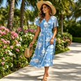 thumbnail image 6 of Boho Dresses for Women Short Sleeve Wrap V-Neck Hight Waist Sundress Casual Summer Beach Vacation Dress, 6 of 7