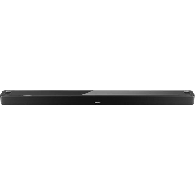 barra de sonido smart ultra bose con dolby atmos y asistente de voz negro Vista frontal centrada de la barra de sonido Bose Smart Ultra en negro, silueta alargada con rejilla frontal texturizada y logo Bose en el centro, esquinas con micrófonos integrados aparentes y superficie superior lisa; pensada para teatro en casa y optimizar diálogos con modo de IA.