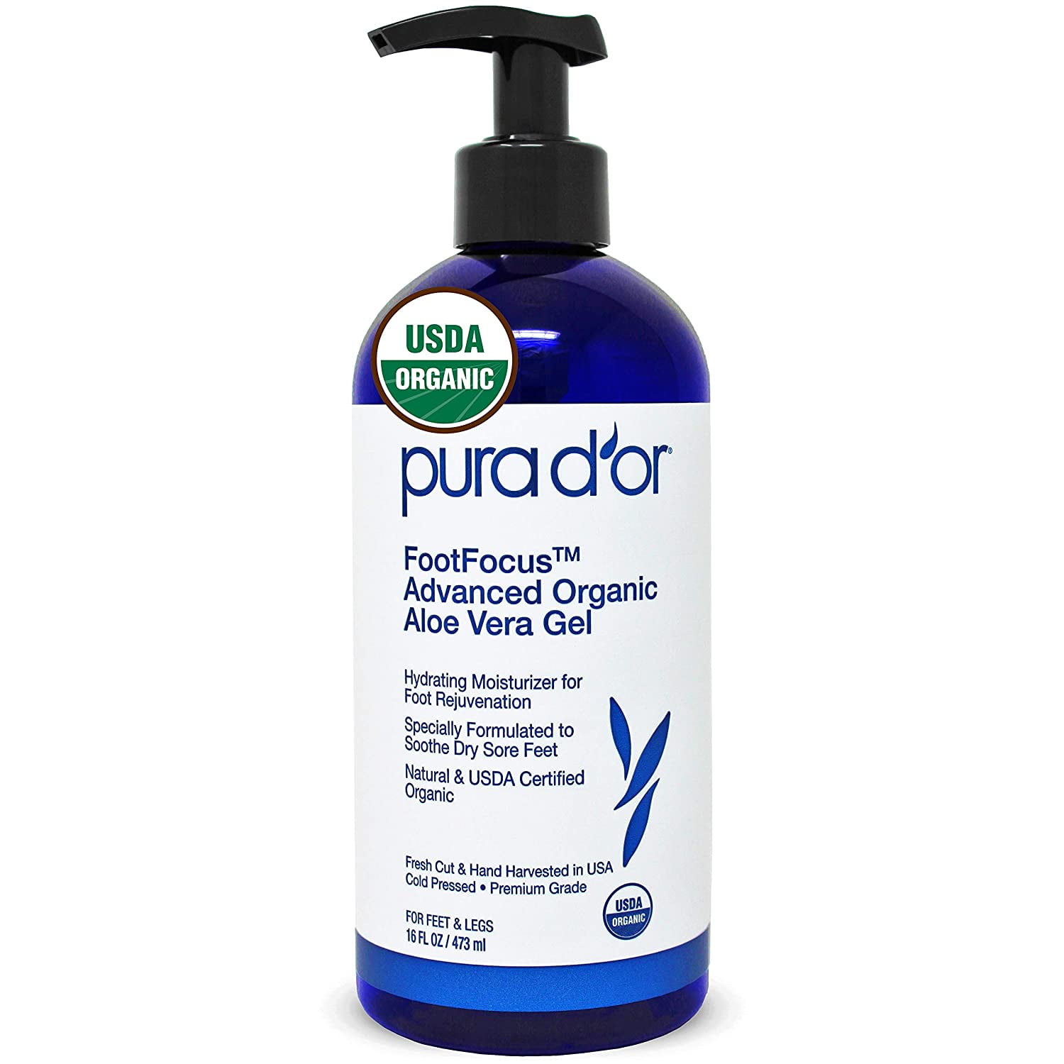 PURA D'OR FootFocus Advanced Organic Aloe Vera Gel (16oz) Hydrating Moisturizing Foot Care - Rejuvenates & Soothes Dry, Sore Feet & Legs - Helps Eliminate Odor - For Men & Women