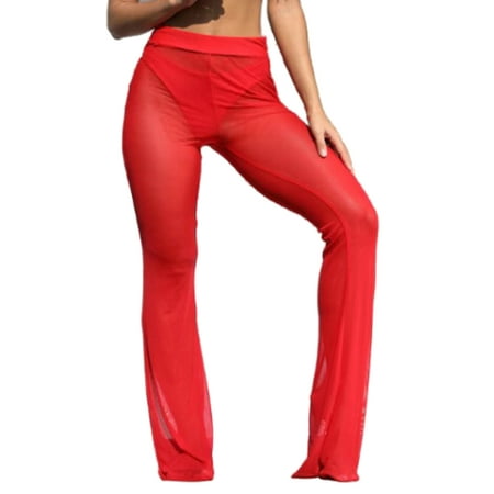 Frecoccialo Women See-through Mesh Sheer High Waist Wide Leg Pants Bikini Cover Up