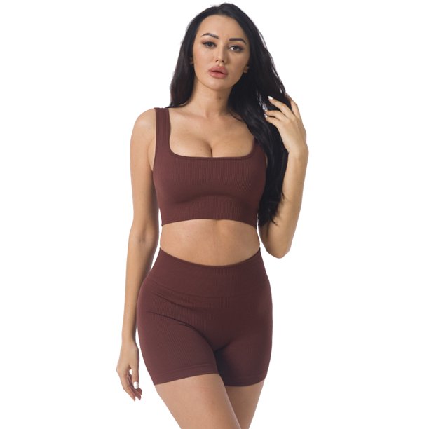 Bra Shorts Set Yoga Nylon Women Crop Top Legging (S Shoulder Straps) Coffee 2pcs JShteea Para Estrenar