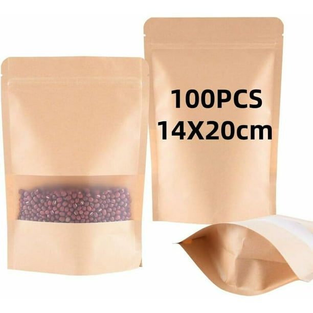 de 100 Bolsas de Papel Kraft con Ventana 14 x 20 x 4 cm, Bolsa Resellable, Bolsas de Papel Marrón, Envases de Alimentos al por Mayor, Impermeables y a Prueba de Humedad, Adecuadas para Comestibles