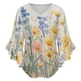 thumbnail image 5 of Wildflowers Floral Women's V-Neck Blouse With 3/4 Ruffled Bell Sleeves Casual Top Ladies Blouses, 5 of 7