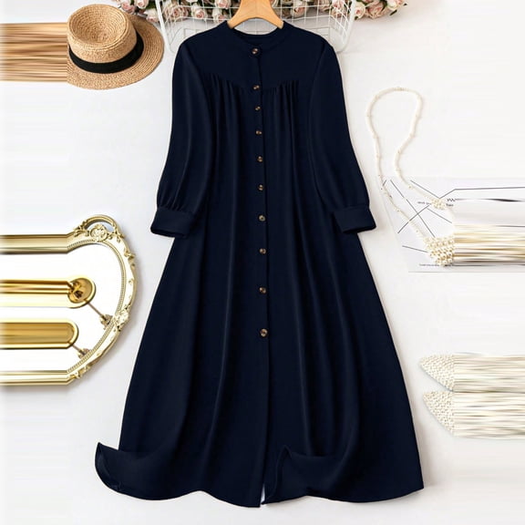 BLTIBY Women Elegant Maxi Dress Button Down up Long Sleeve Dresses Round Neck Vintage Flowy Swing Dresses Vacation Outfits Navy XXL