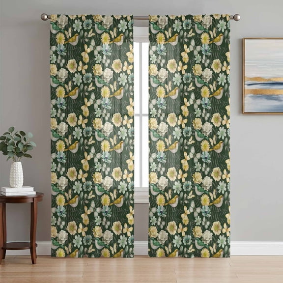 Vintage Flower Sheer Curtains 96 Inch Length 2 Panels Set Window Treatments, Green Spring Floral Leaves Pastoral Birds Plants Rod Pocket Semi Curtains for Living Room/Bedroom/Kitchen, 104"W x 96"L