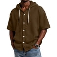 thumbnail image 3 of Men's Waffle Knit Short Sleeve Hoodie With Button Down Front And Drawstring Featuring Casual Loose Fit For Summer Streetwear Beach Vacation Brown M, 3 of 8