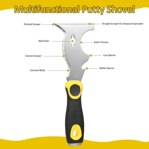 Putty 420 Stainless Steel Multifunctional Putty Shovel with Two-Color Anti-Slip Handle, Paint Scraper 10 in 1 Putty Knife Multi-Use Painters Tool, Taping Knife, Paint Scraper Tool