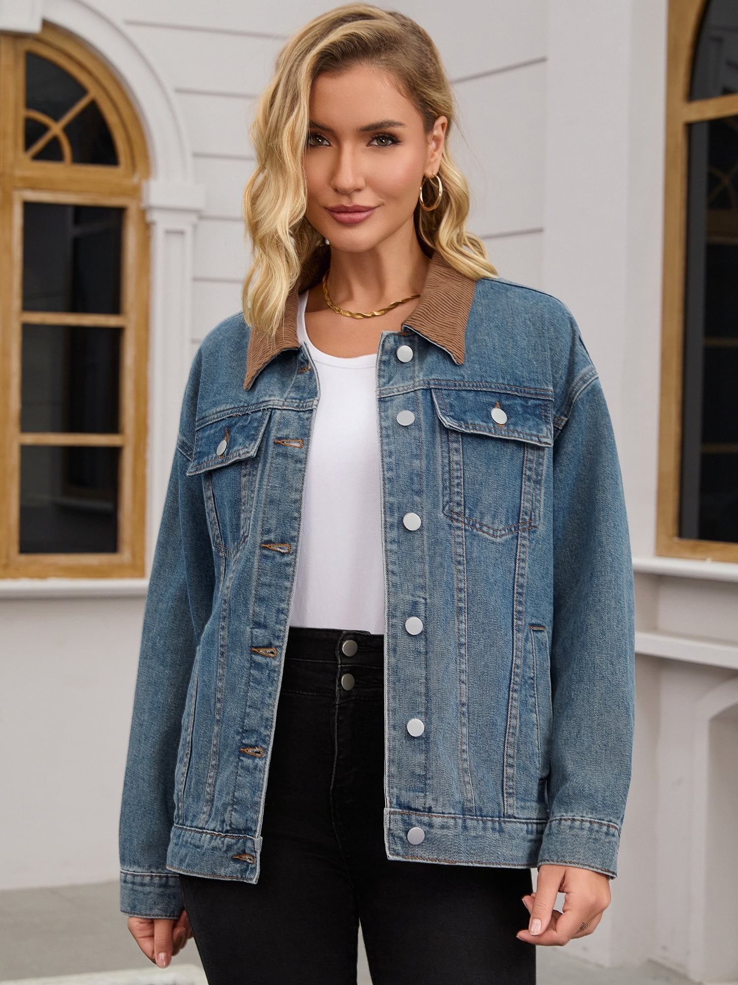 DARING DIVA Women's Button Down Corduroy Collar Long Sleeve Shacket 2XL Retro Blue