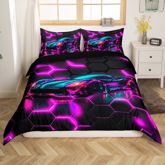 Erosebridal Racing Car Comforter Cover Twin,Geometric Honeycomb Bedding Twin Size,Black Purple Duvet Cover Twin,Super Cozy Sport Room Decoration(No Comforter),Reversible,3pcs