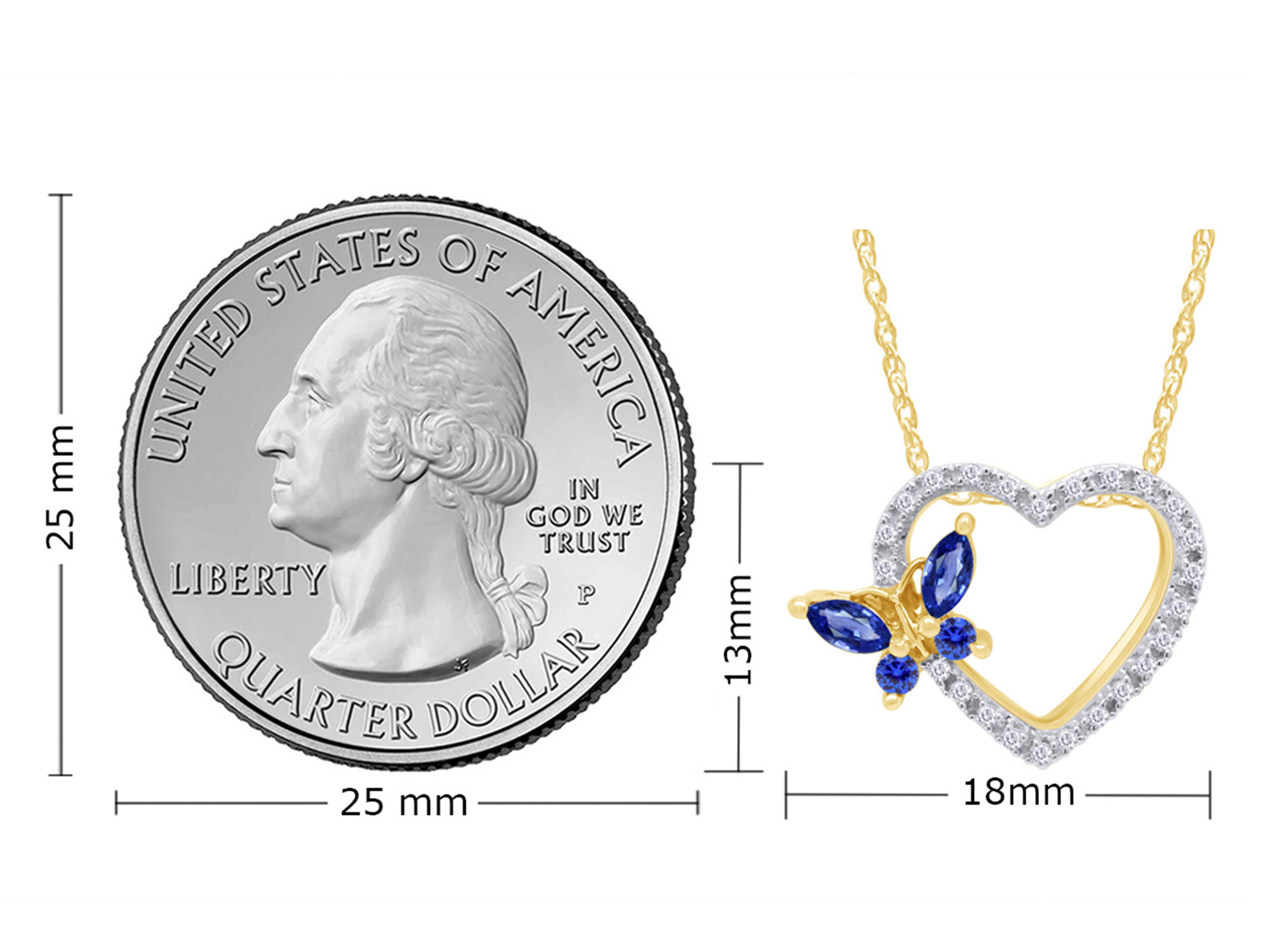 14k Yellow Gold Over Sterling Silver Simulated Blue Sapphire And Sparkling White Cubic Zirconia Butterfly Open Heart Pendant Necklace With 18" Chain