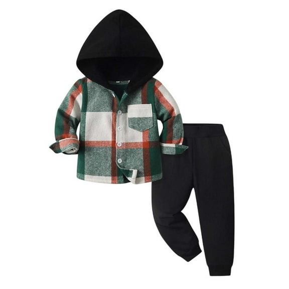 JTieacloth 2Pcs Boys Outfits Set Toddler Boys Girls Long Sleeve Casual Plaid Prints Hooded Tops Holiday Shirts T Shirt Pants Outfits,Sizes 18-24 Months(Green)