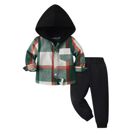 Ruiwill Boys Outfit Set Toddler Girls Long Sleeve Casual Plaid Prints Gentleman Hooded Tops Holiday Shirts T Shirt Pantss Crew Neck Boy Clothes Dark Green Size 5-6 Years
