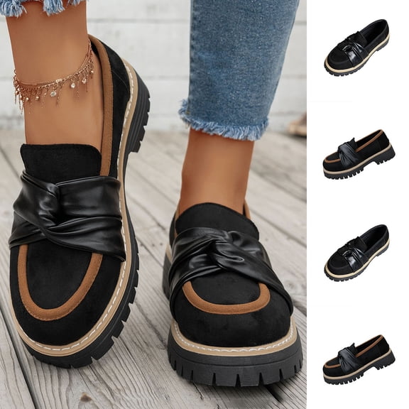 Women's Wide Width Platform Loafers, Breathable Suede & Faux Leather Mules with Twisted Knot Detail, Comfortable Non-Slip Lug Sole Walking Shoes for Spring, Summer, Daily Wear - Black/Brown