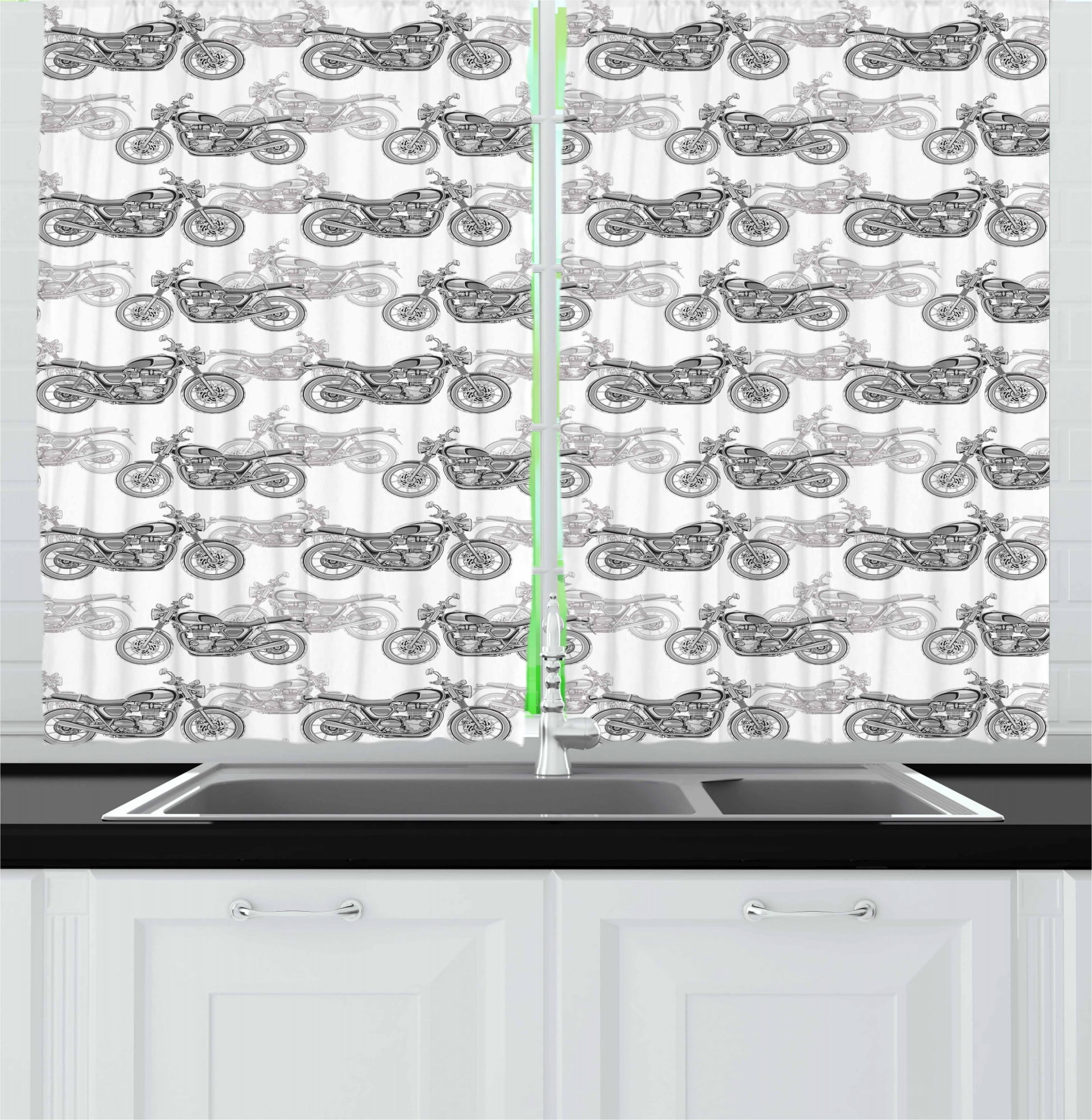 Motorcycle Kitchen Curtains, Realistic Grayscale Illustration of Classic Motorcycles Many ...