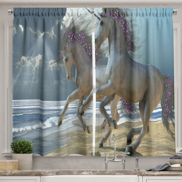 Ambesonne Horse Kitchen Curtains, Flower Adorned Mane Horse, 55"x39", Dimgray and Lilac