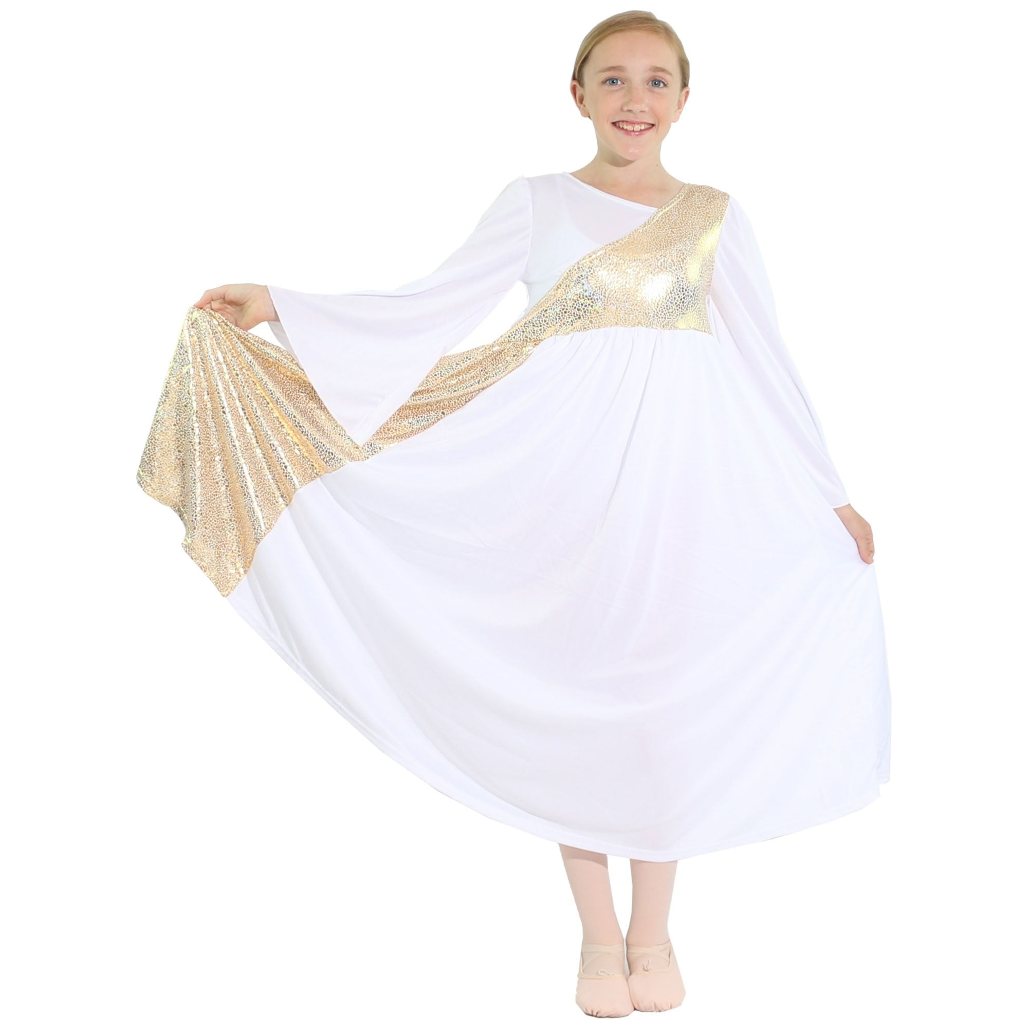 Danzcue Girls Shimmery Asymmetrical Bell Sleeve Dance Dress 