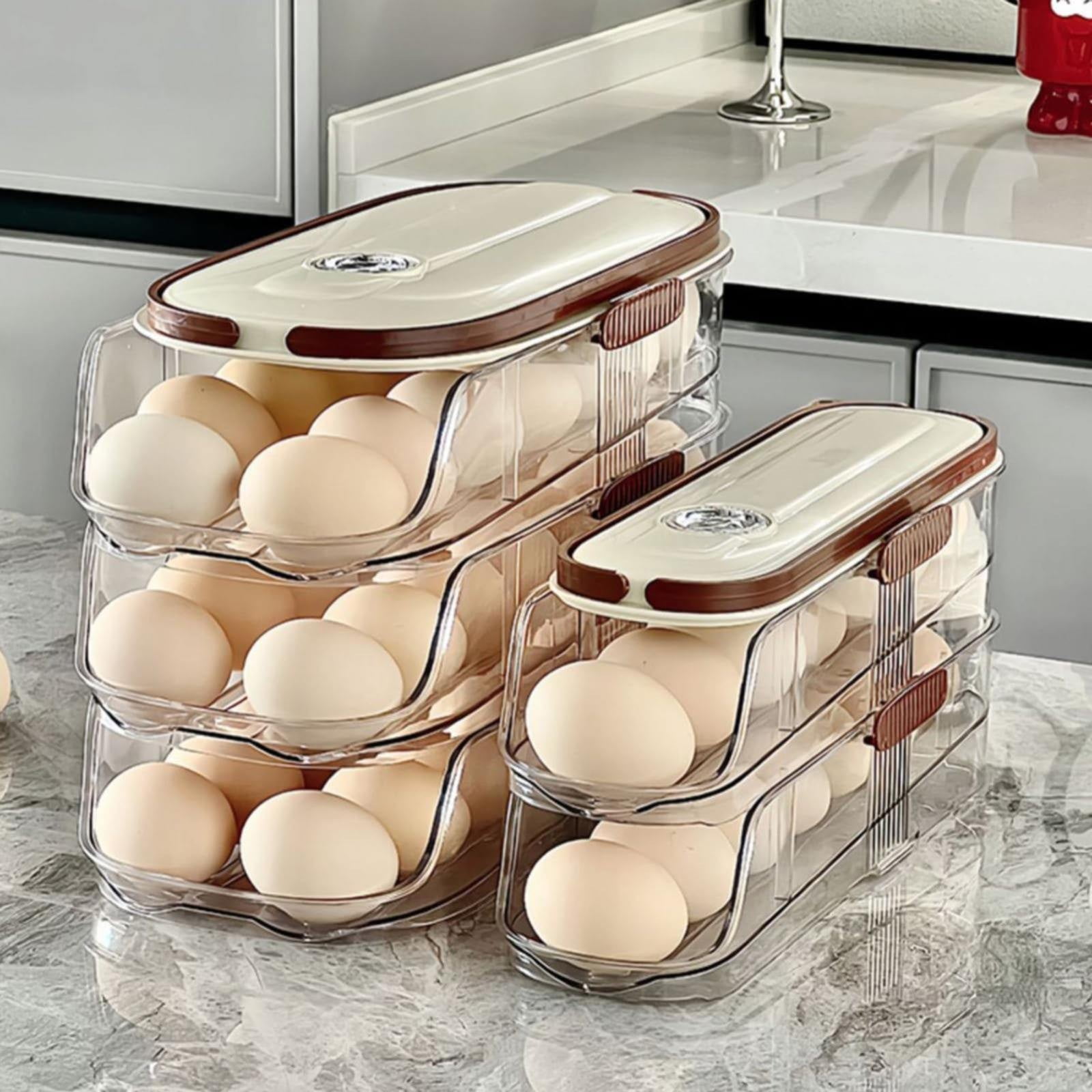 Egg Container for Refrigerator, Automatic Rolling Egg Dispenser, Stackable Thick Egg Storage Box