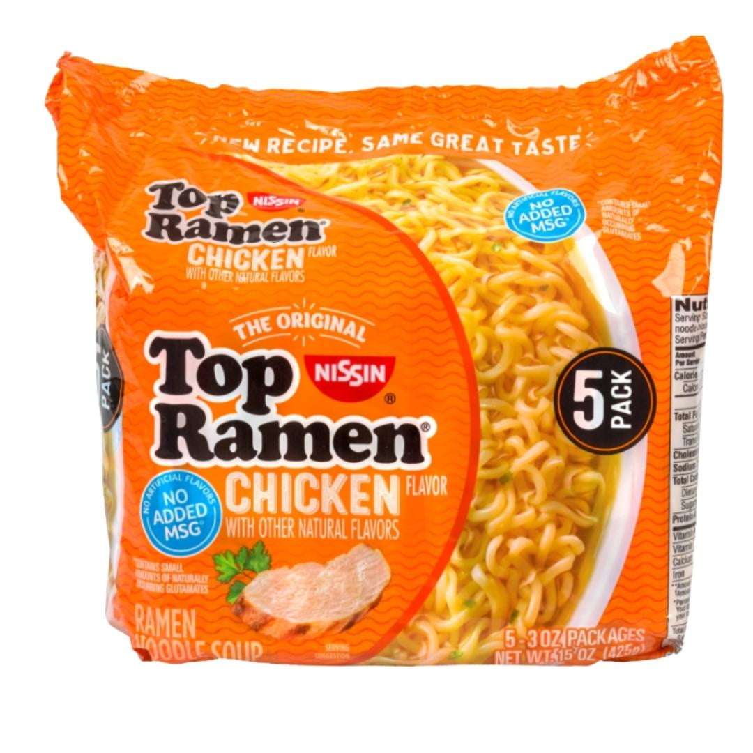 BCL Nissin Top Ramen The Original Chicken Flavor Ramen Noodle Soup 3oz. 5ct each (Pack of 1) & CUSTOM Storage Carrier with Cutlery