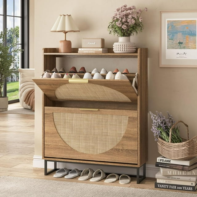 Vabches Rattan Shoe Storage Cabinet with 2 Flip Drawers, Freestanding Narrow Shoe Rack Cabinet with Metal Legs for Entryway