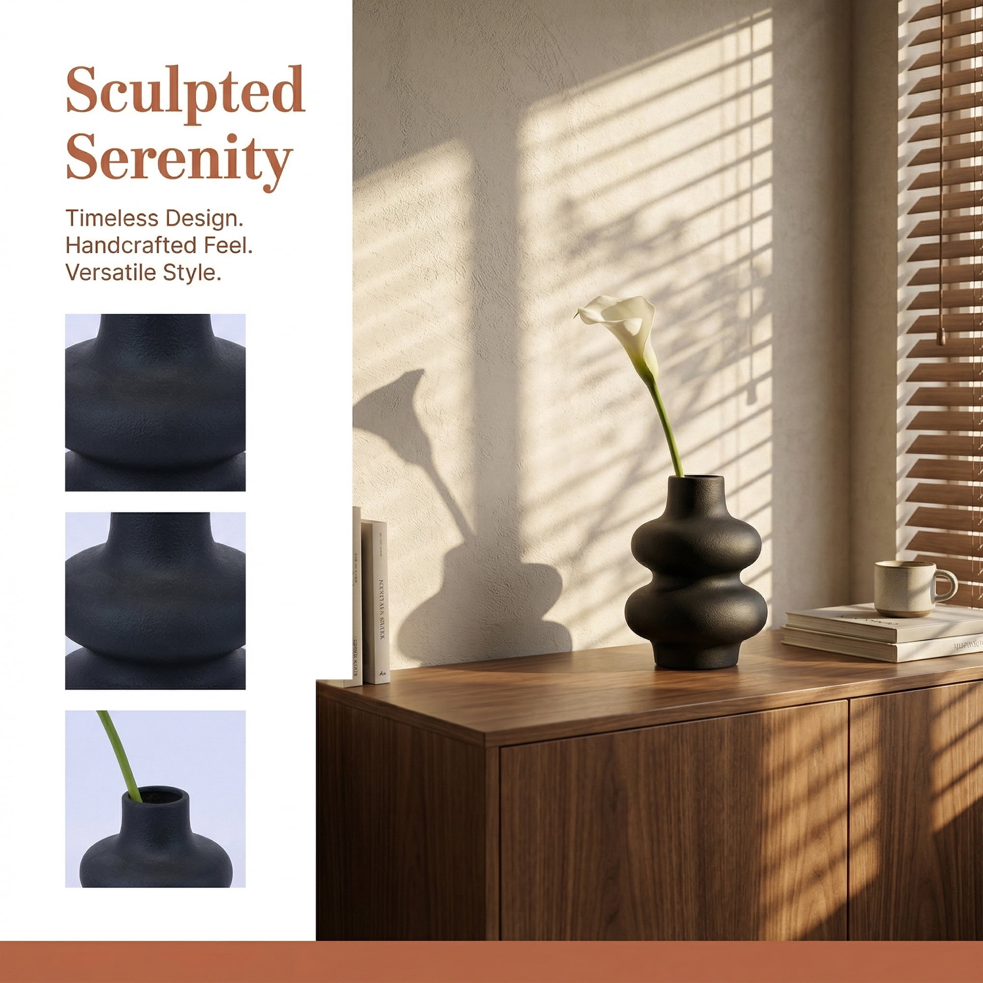 Unique Bargains Ceramic Modern Ripple Textured Decorative Vase Black 4.7"L x 4.7"W x 6"H